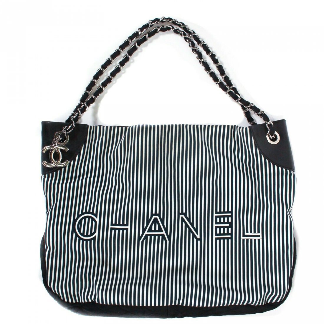 Chanel - Large Striped Logo Chain Shoulder Tote Bag: Chanel - Striped Stitched Logo Shoulder Tote Bag Color: Black - White Size: Large Materials: Fabric, Leather, Nylon, Metal ---------------------------------------------------------- Details: - silver-