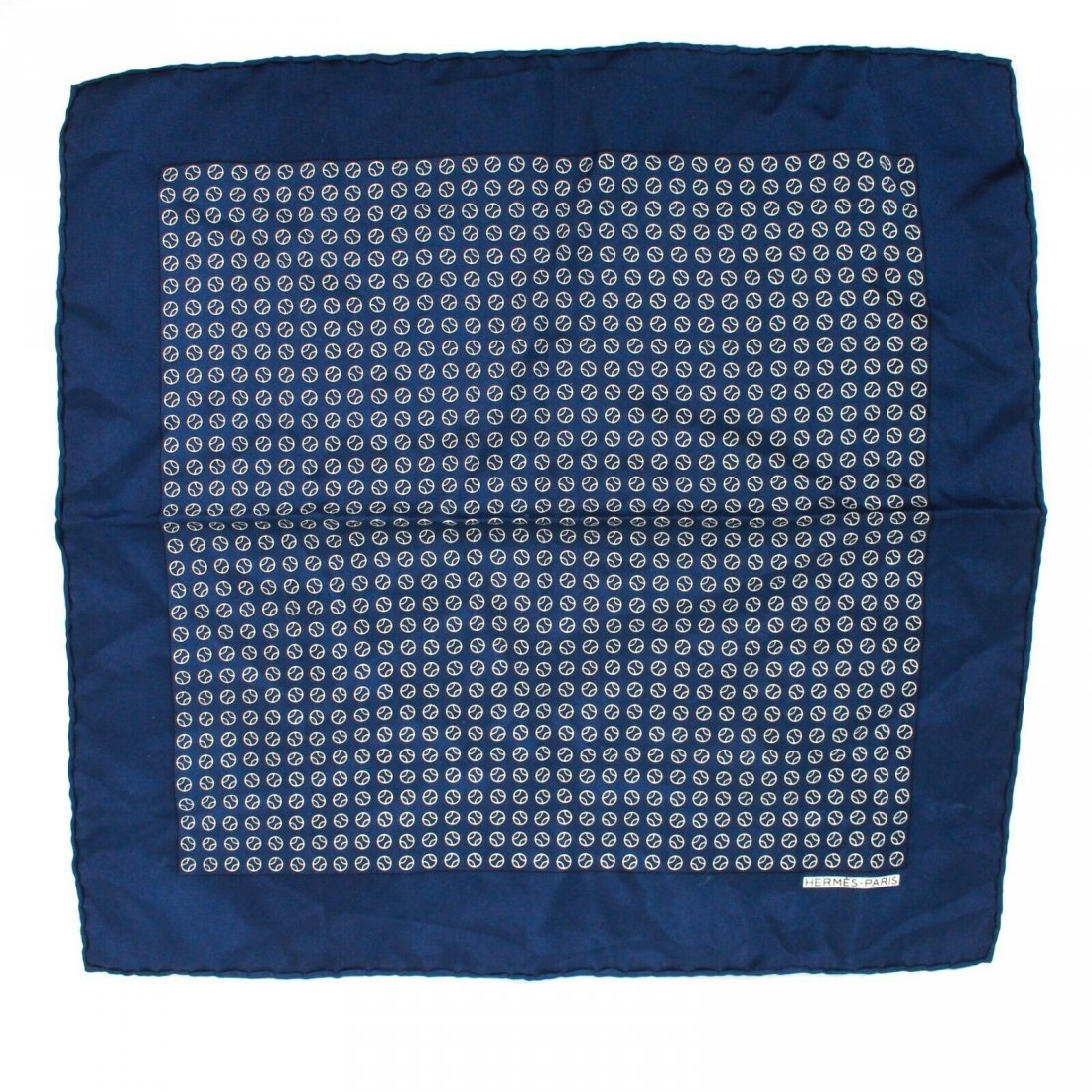 Hermes - Small Silk Handkerchief Baseball Print Scarf: Hermes - Handkerchief Baseball Print Scarf Color: Navy - White Size: Small - Square ----------------------------------------------------------- Details: - Hermes Paris logo - item #KFIN111 Condition: 
