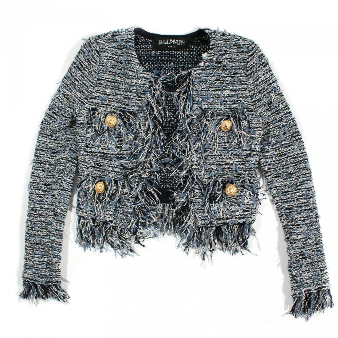 Balmain - New - SS 2019 Open Fringe Jacket - US 0: Balmain - New - SS 2019 Open Fringe Jacket Color: Navy Blue, Light Blue, White Size: US 0 - FR 34 Materials: 50% polyamide, 30% cotton, 12% viscose, 6% acrylic, 1% metal, 1% elastane -----------------