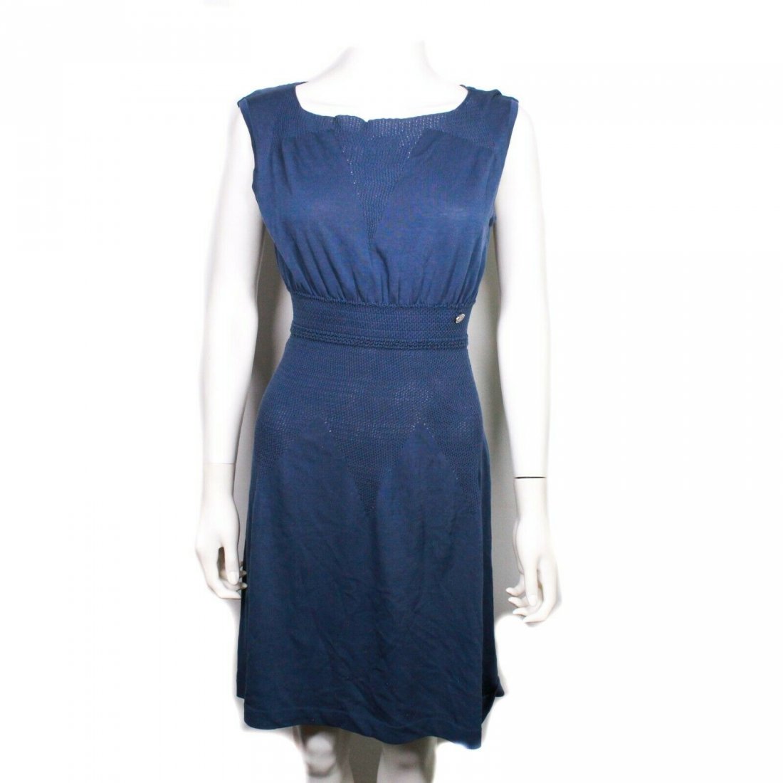 Chanel - Fit Flare Dress - Blue Mesh CC Logo - US 8: Chanel - Sleeveless Knit Fit and Flare Dress Color: Blue Size: Size tag removed - Fits like a US 8 Material: Composition tag removed ------------------------------------- Details: - mesh cutout detail