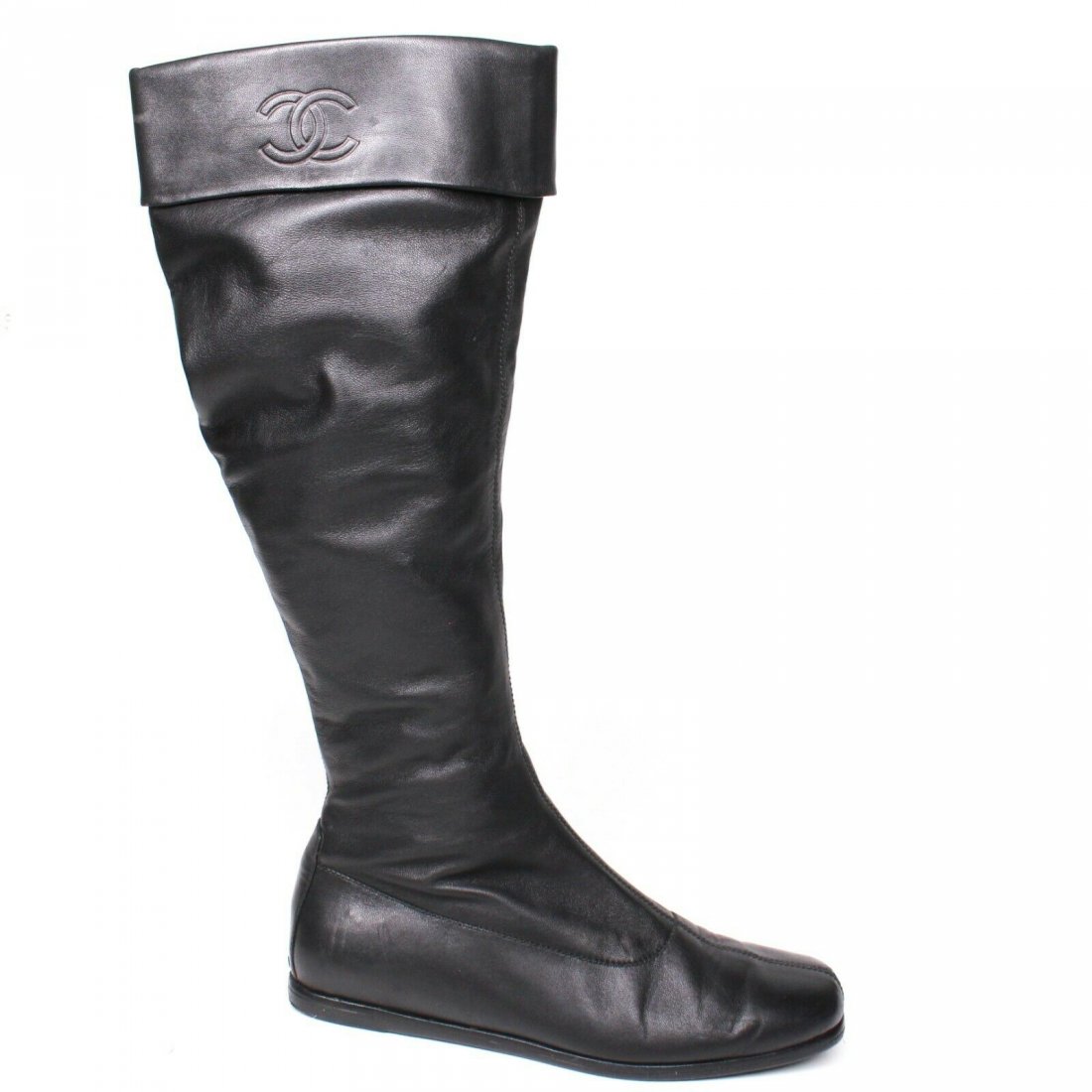 Chanel - Knee High Black Leather Boots - Pull On CC (1 of 4)