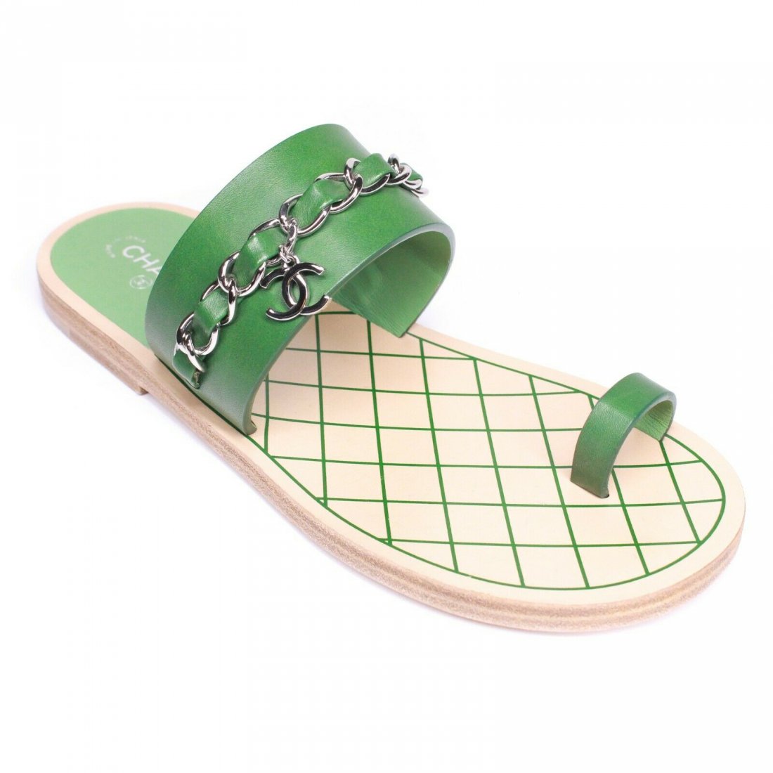 Chanel - New - Toe Ring Sandals Green Leather CC Chain (1 of 4)