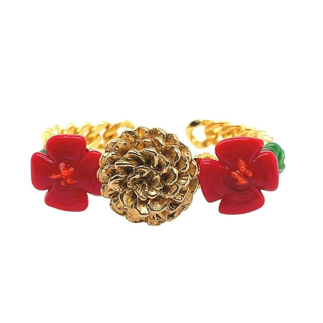CHANEL - Vintage 98C Gripoix Flower and Chain Cuff - Gold / Red / Green Bracelet (1 of 8)
