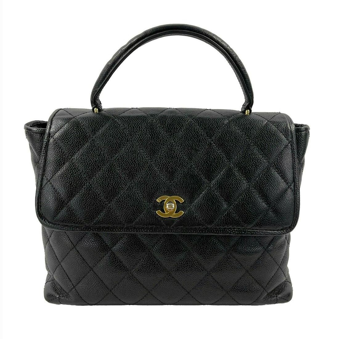 CHANEL - Vintage Large Quilted CC Caviar Kelly Flap Bag - Top Handle: CHANEL - Vintage Large Quilted CC Caviar Kelly Flap Bag - Top HandleCHANEL - Excellent - Vintage Large Kelly Caviar Top Handle Flap CC - Black - Handbag Description * Early 1980s vintage- no date stam