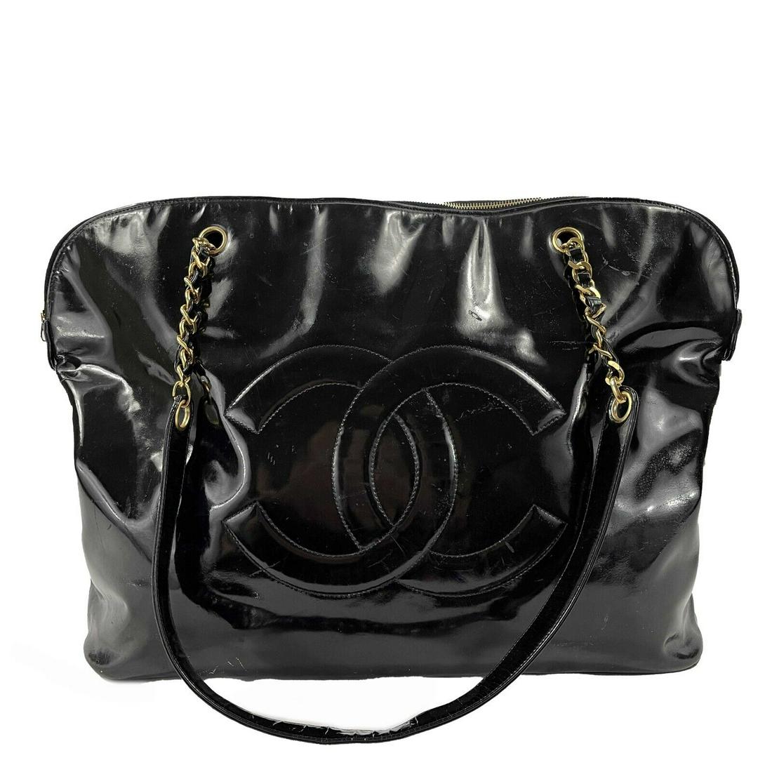 CHANEL - Vintage 90s Black Patent CC Extra Large Tote / Shoulder Bag (1 of 10)