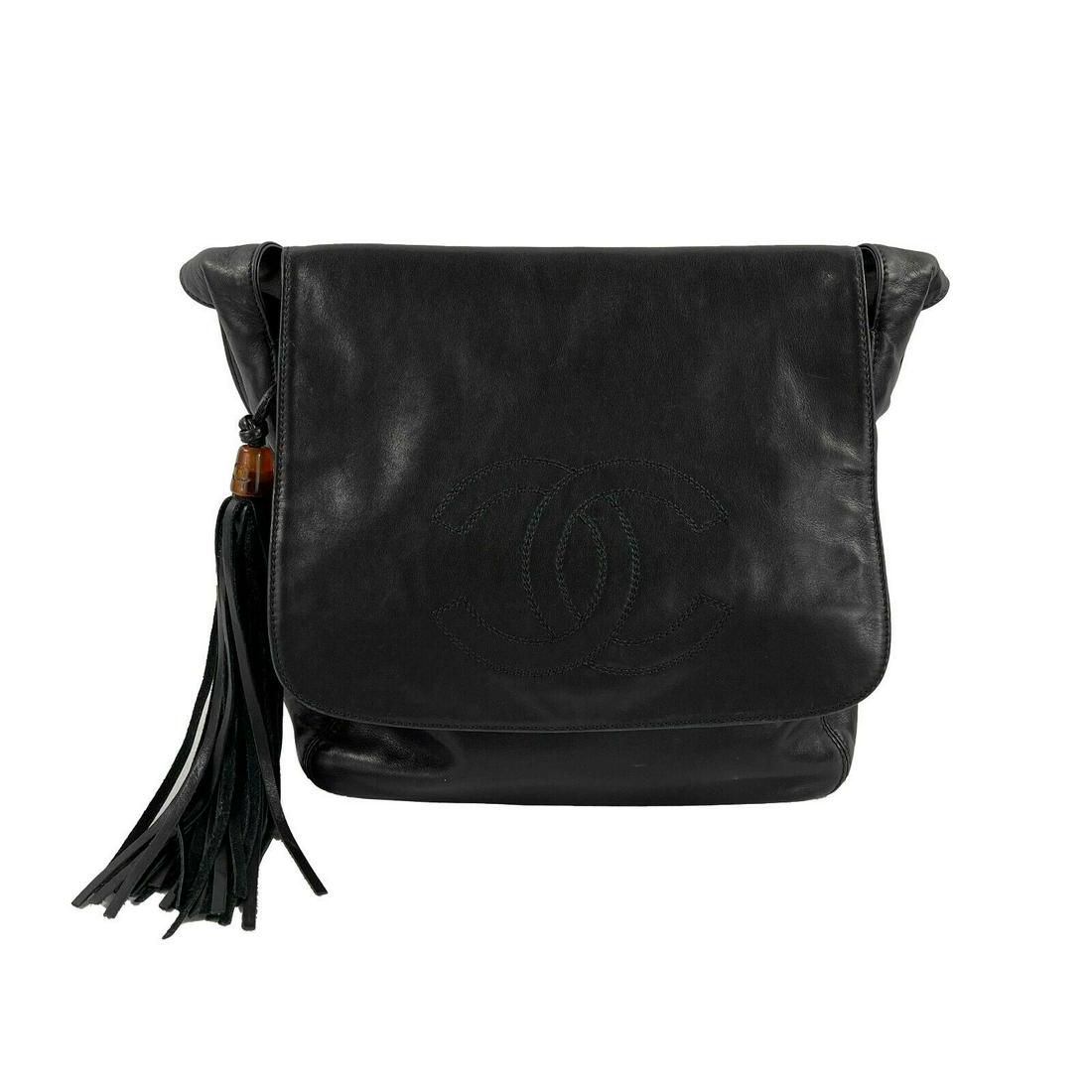 CHANEL - Vintage 90's Black Messenger CC Tassel Leather Hobo Crossbody (1 of 10)