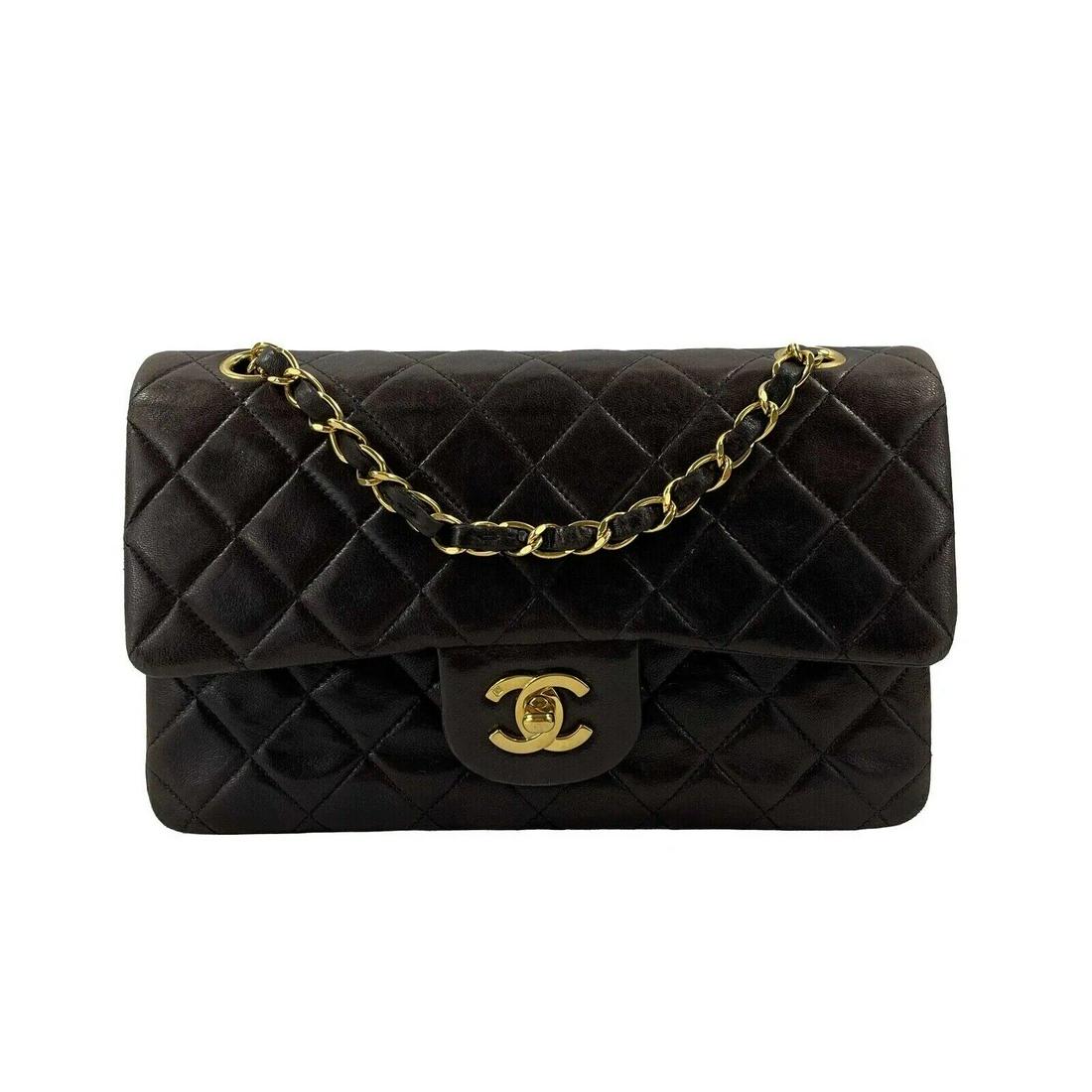 CHANEL - Vintage 1990s Small Brown/Black Classic Double Flap Shoulder Handbag (1 of 4)
