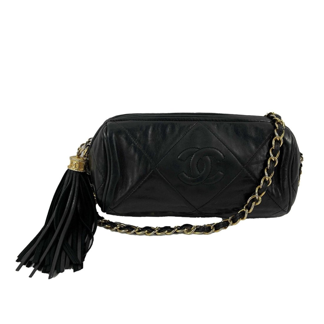 CHANEL - Excellent Vintage 1980's Black Mini Quilted CC Tassel Barrel Crossbody (1 of 10)