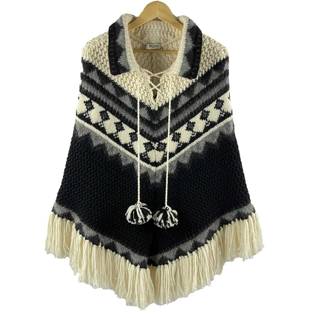 Saint Laurent - YSL - Fringe Knit Pom Pom Tassel Poncho - XS S M (1 of 10)