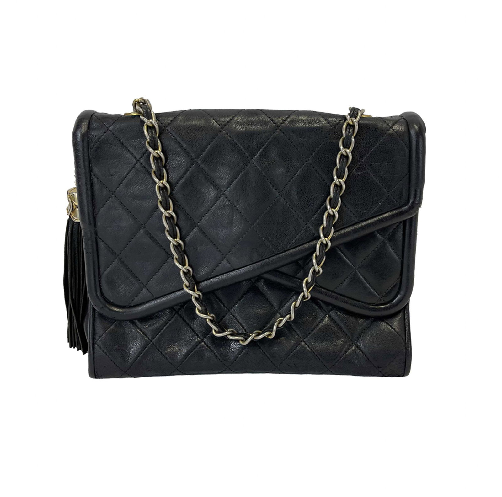 Chanel - Vintage Black Leather Crossover Slant Double Flap Tassel Crossbody (1 of 10)