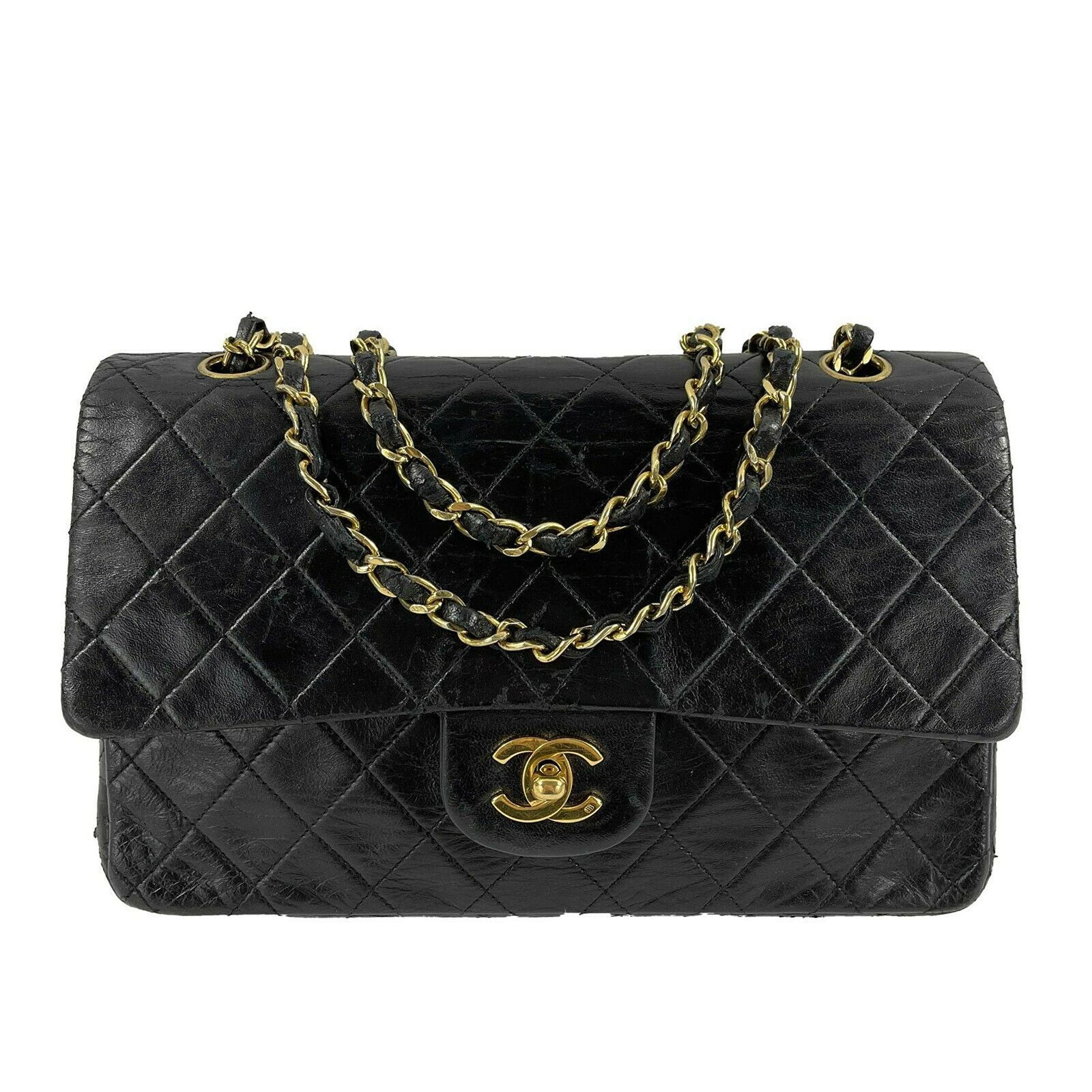 CHANEL - Vintage Black / Gold CC Medium Double Flap Quilted Shoulder / Crossbody (1 of 10)