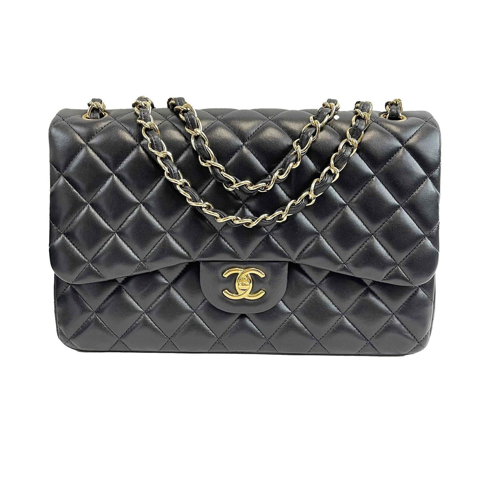 Chanel - Excellent - Quilted Jumbo CC Double Flap Black Lambskin Shoulder Bag (1 of 10)