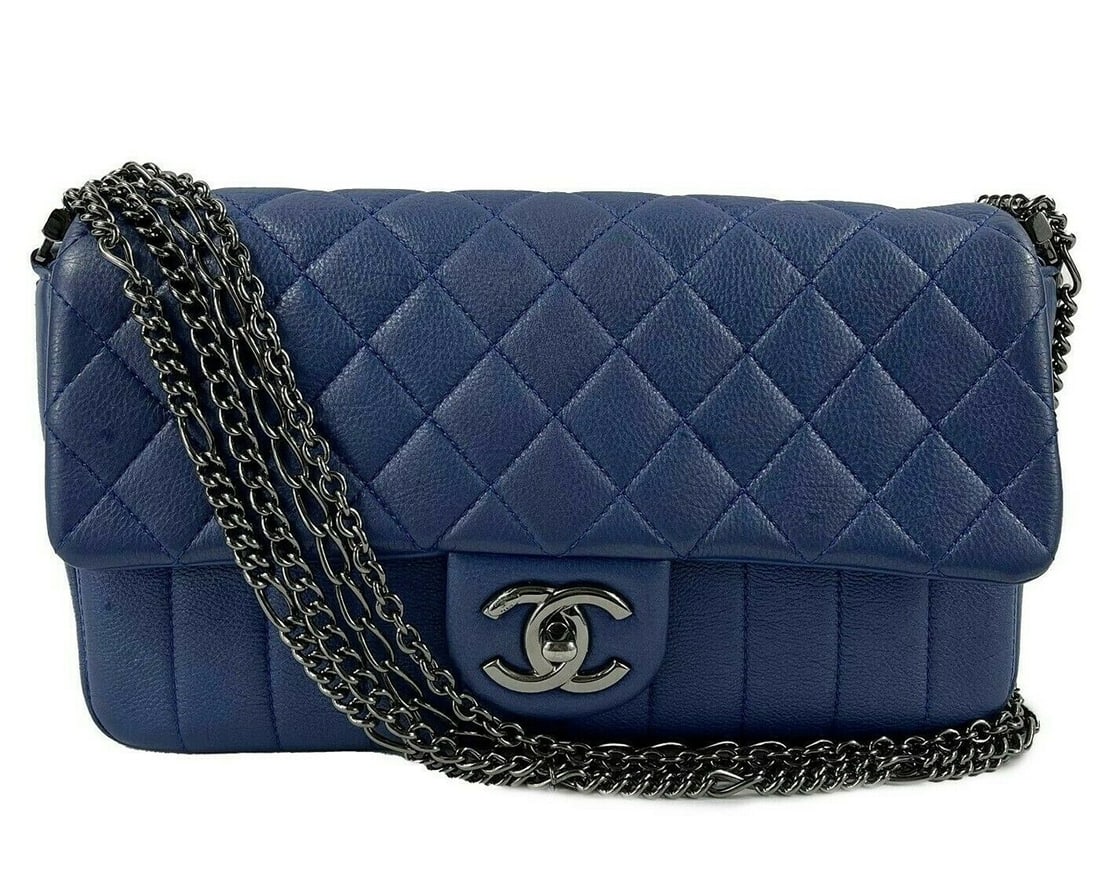 CHANEL - Quilted Leather Medium Single Flap Blue / Ruthenium Shoulder Bag (1 of 9)