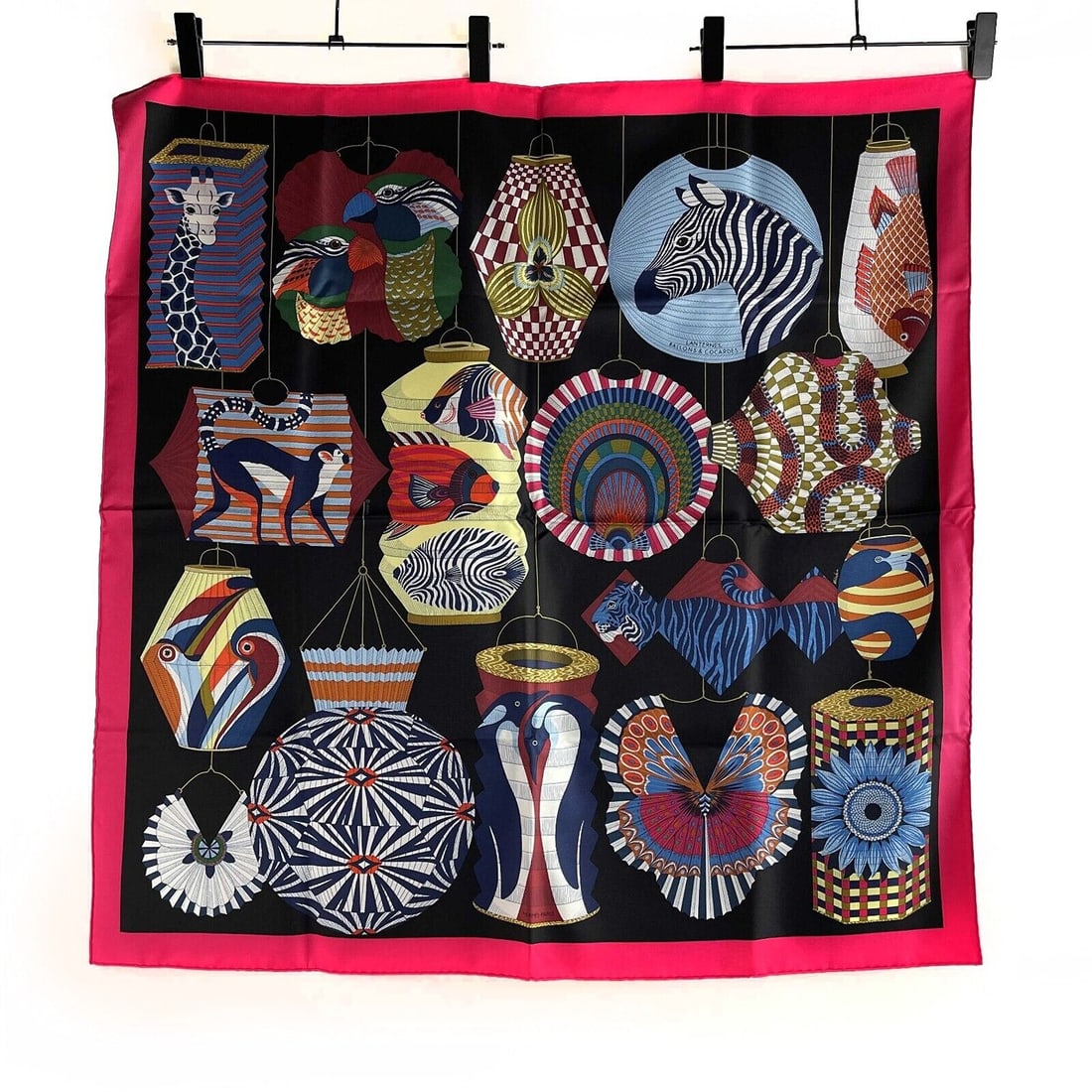 Hermes Lanternes Ballons et Cocardes Silk Black / Fuchsia Scarf - 90cm -OS: Hermes Lanternes Ballons et Cocardes Silk Black / Fuchsia Scarf - 90cm -OSHermes - Excellent - Silk Scarf Pink 90cm with Lanternes, Ballons et Cocardes Motif Featuring Hand-Rolled Edges Includes - Mul