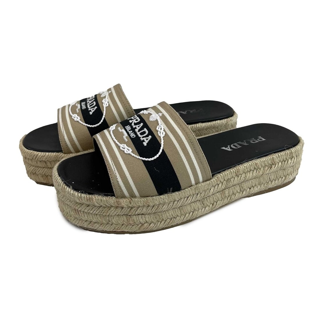 Prada Excellent Corda Espadrille Slide Embroidered Strip Platform 39.5 US 9.5: Prada Excellent Corda Espadrille Slide Embroidered Strip Platform 39.5 US 9.5Prada Excellent Corda Espadrille Slide Embroidered Strip Platform 39.5 US 9.5 Description * These chic Prada Corda espadril