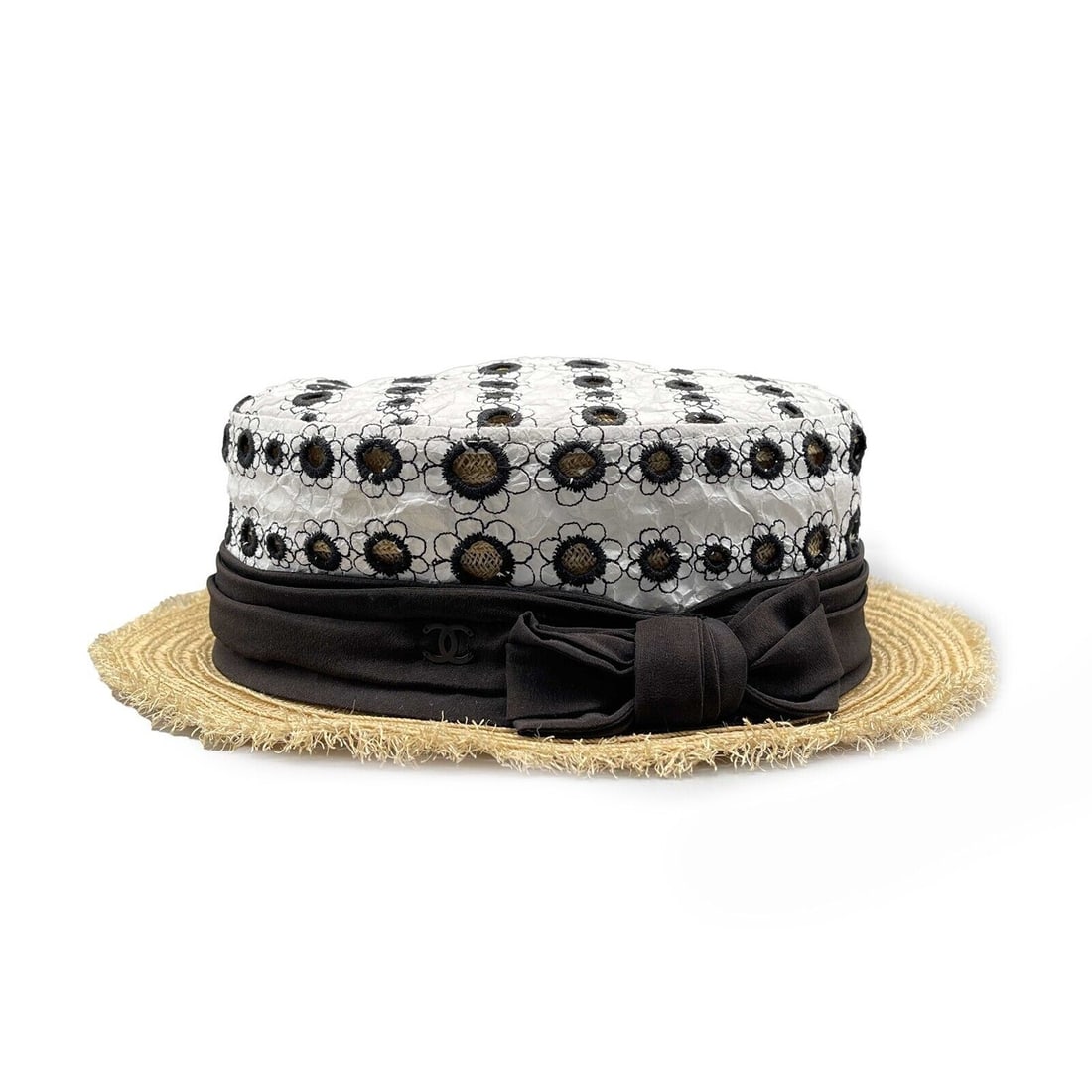 CHANEL - Woven Straw Ribbon CC Embroidered Spring Summer Boater Hat - Size M (1 of 9)