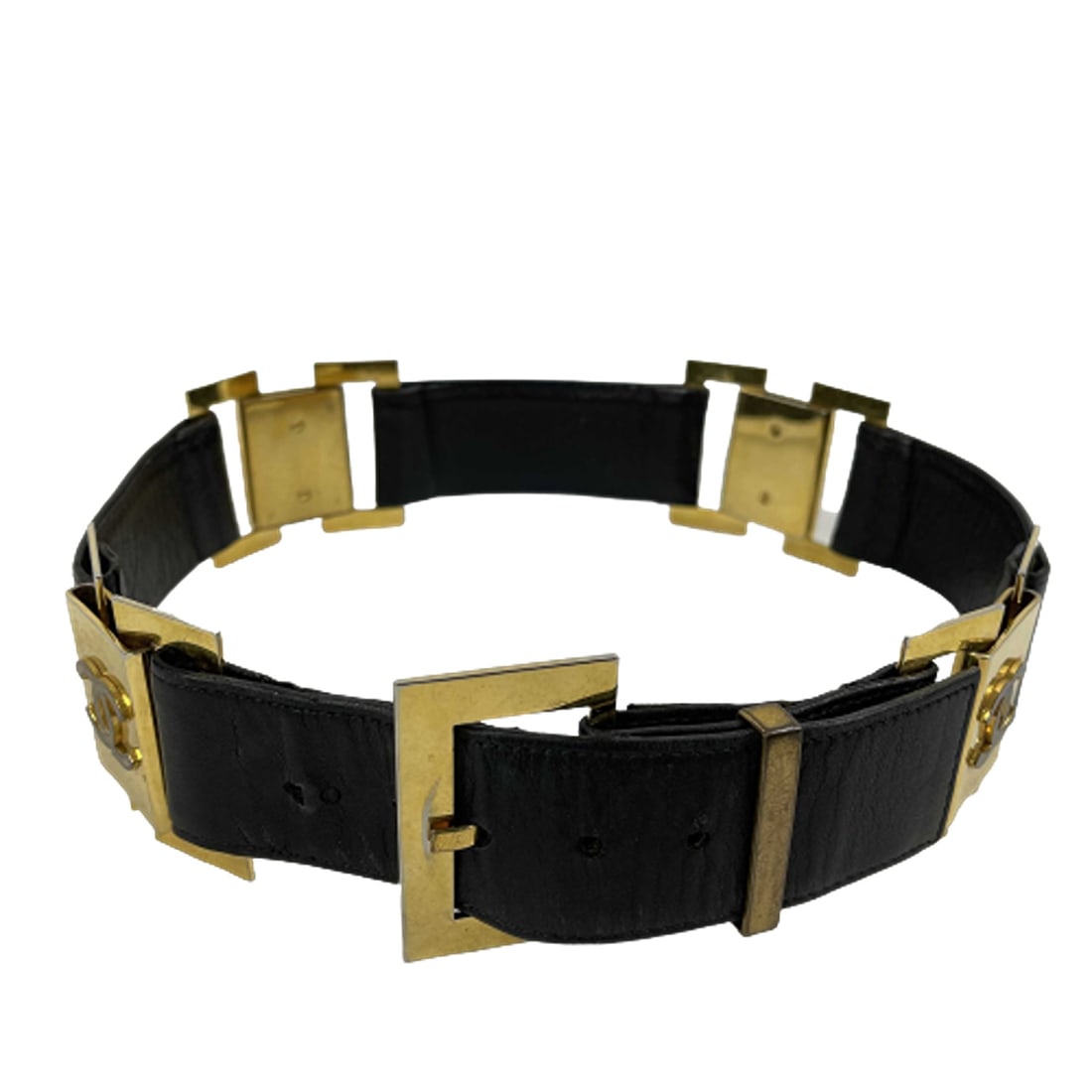 CHANEL - Vintage 1980's Black Leather and Gold Buckle CC Link Belt - 75 / 30 (1 of 9)
