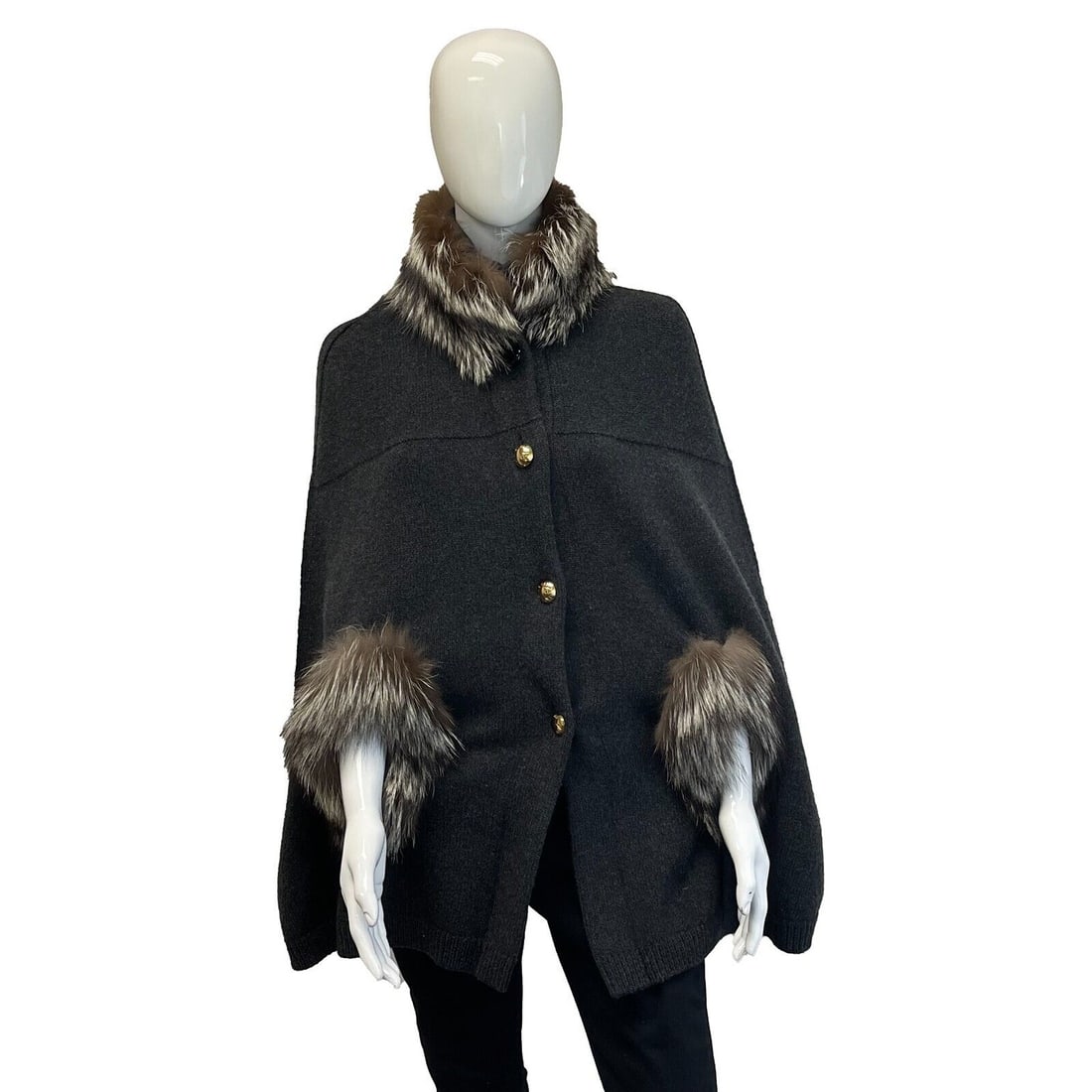 Louis Vuitton Pristine Poncho Cape with Fox Fur Collar Small Dark Gray (1 of 8)