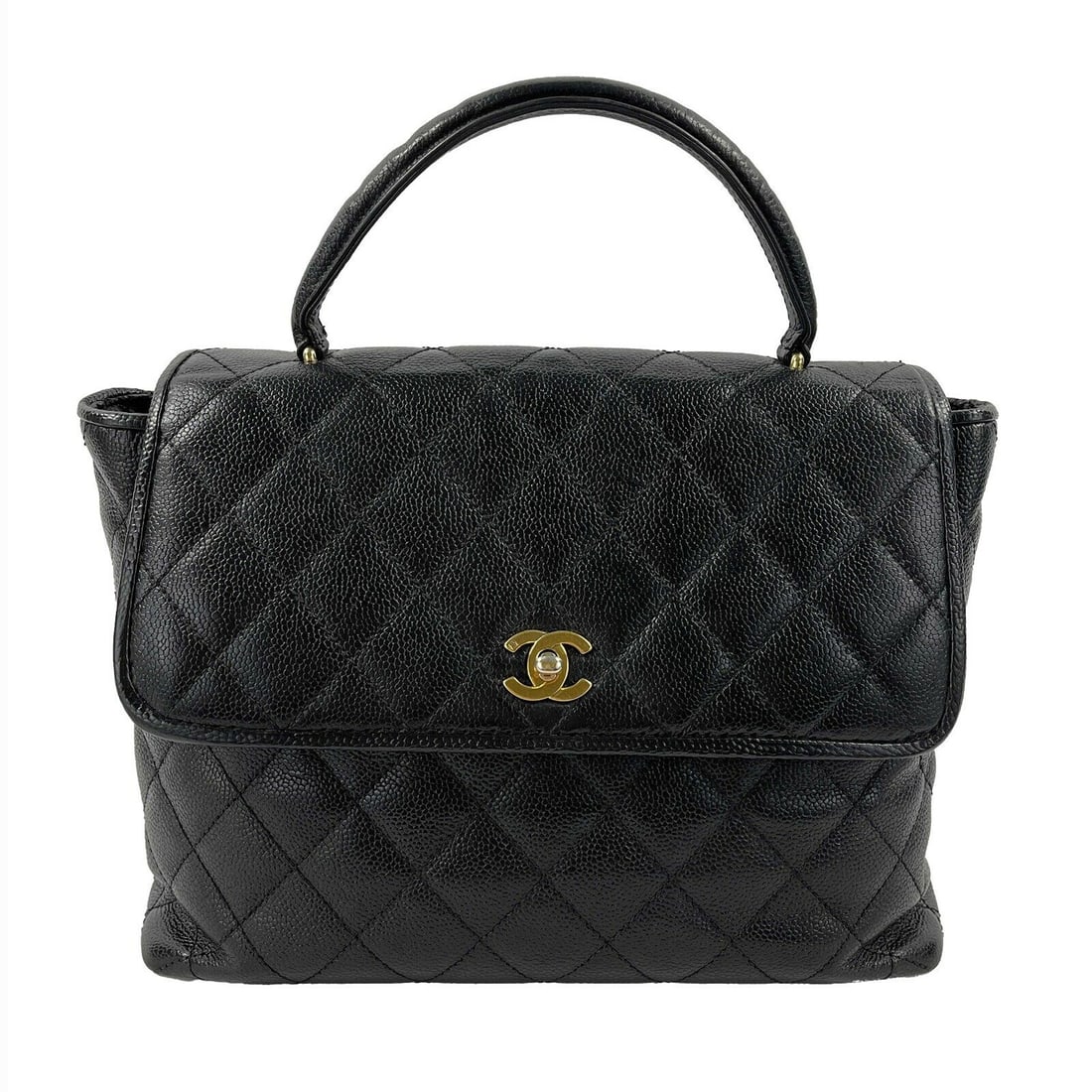 CHANEL - Vintage Large Quilted CC Caviar Kelly Flap Bag - Top Handle: CHANEL - Vintage Large Quilted CC Caviar Kelly Flap Bag - Top HandleCHANEL - Excellent - Vintage Large Kelly Caviar Top Handle Flap CC - Black - Handbag Description * Early 1980s vintage- no date stam