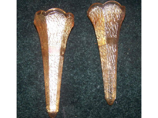 Pair of Car Epergnes in Carnival Glass: Not having the holders these items are in teh "Tree of Life " pattern we believe. 6".