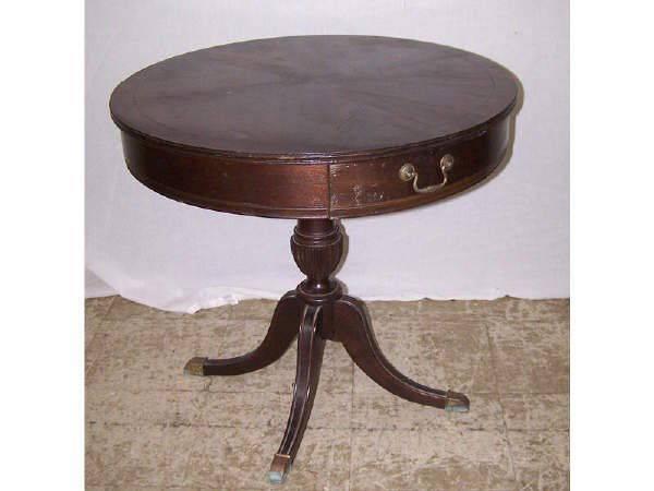 Mahogany Drum Table with Drawer: 34 diameter top table with Duncan Phyfe style legs. Solid mahogany circa 1920s.
