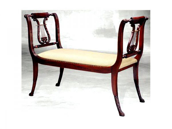 Fine Hand Carved Mahogany Lyre Bench: A good Duncan Phyfe style mahogany bench. 3.5 ft. wide, 33" tall. (10178582)