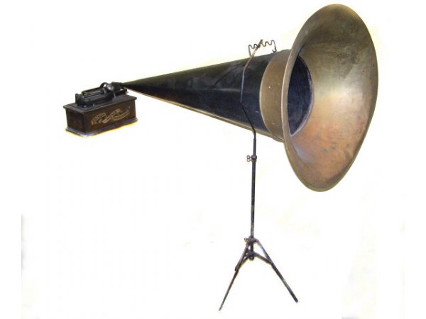 RARE Concert Hall 5 ft. Edison Phonograph: A fine working Edison Phonograph with 5 ft. Concert Hall Horn. All original finish and patina.