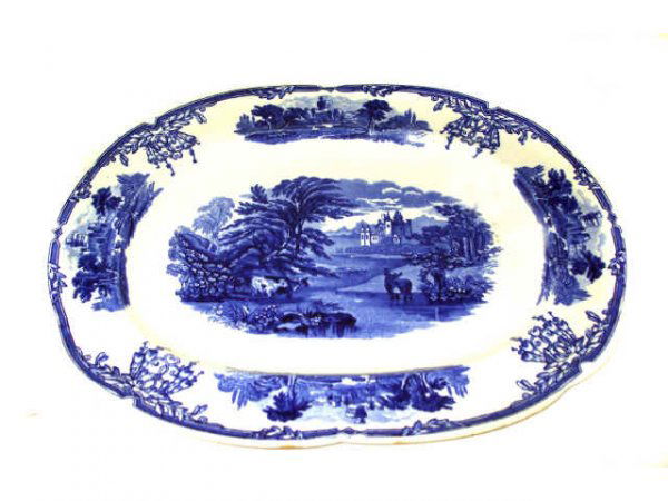 Sylvan Pattern Flow Blue Platter: A good 15.5 " x 12.5" platter, Flow Blue circa 1900. Very fine item.