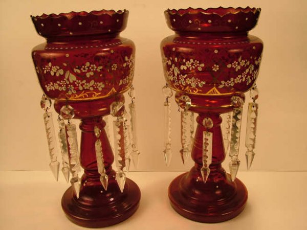 Pr. Victorian Ruby Red Lusters with Prisms