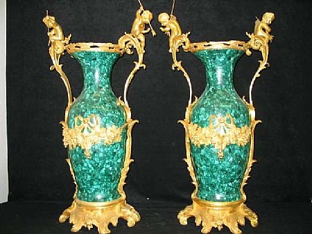 Fine Malachite and Dore Bronze Cherub Vases