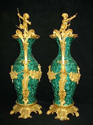 Fine Malachite and Dore Bronze Cherub Vases - 2
