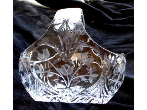 Fine Polish Crystal Etched Basket: A fine etched basket, from Poland, hand cut and etched. 7 x 6 x 7.