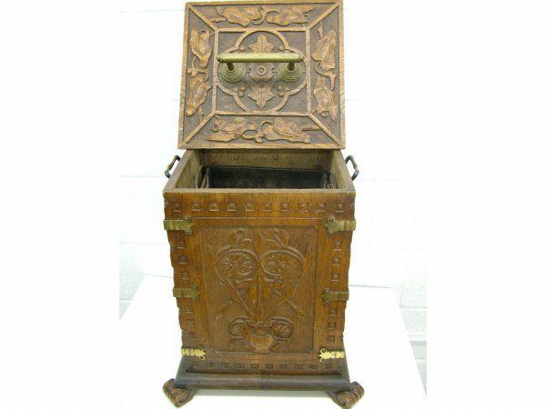 Heavy Carved Oak Coal Cabinet with Liner