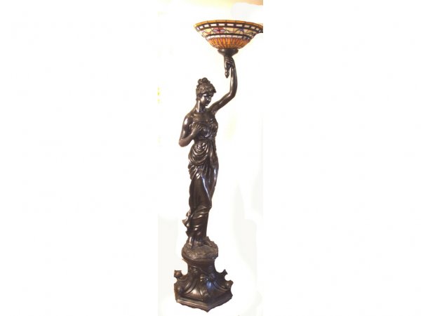 MONUMENTAL Bronze Nude Torchere Lamp: A newer full sized figural torchere lamp. Artglass shade.