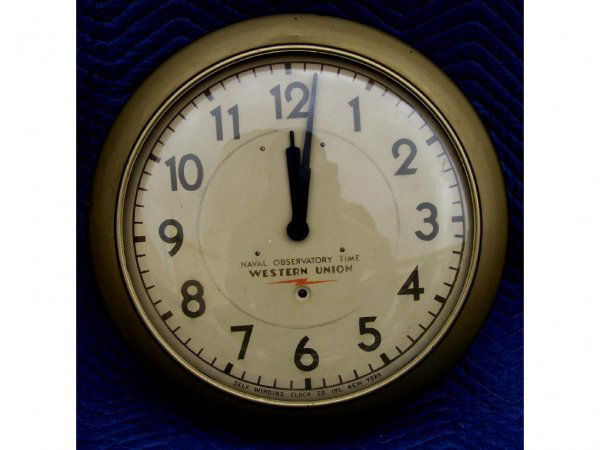 Western Union Naval Time Wall Clock: A good vintage clock, Self Winding Clock Company, NY. Western Union Advertising clock. 20" dial.