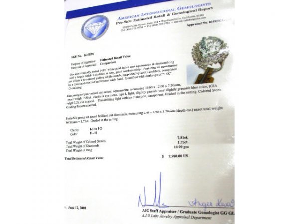 FIne 7.81 ct. Aqua Marine Ring w/ Diamonds - 2
