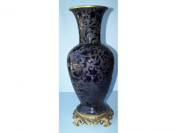 Bronze and Etched Ruby Glass Vase