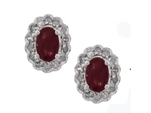 14k White Gold Ruby and Diamond Oval Earring
