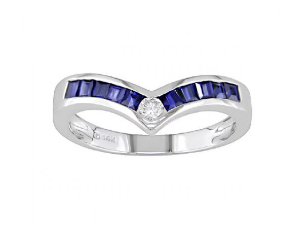 14k White Gold Diamond and Sapphire Chevron Ring