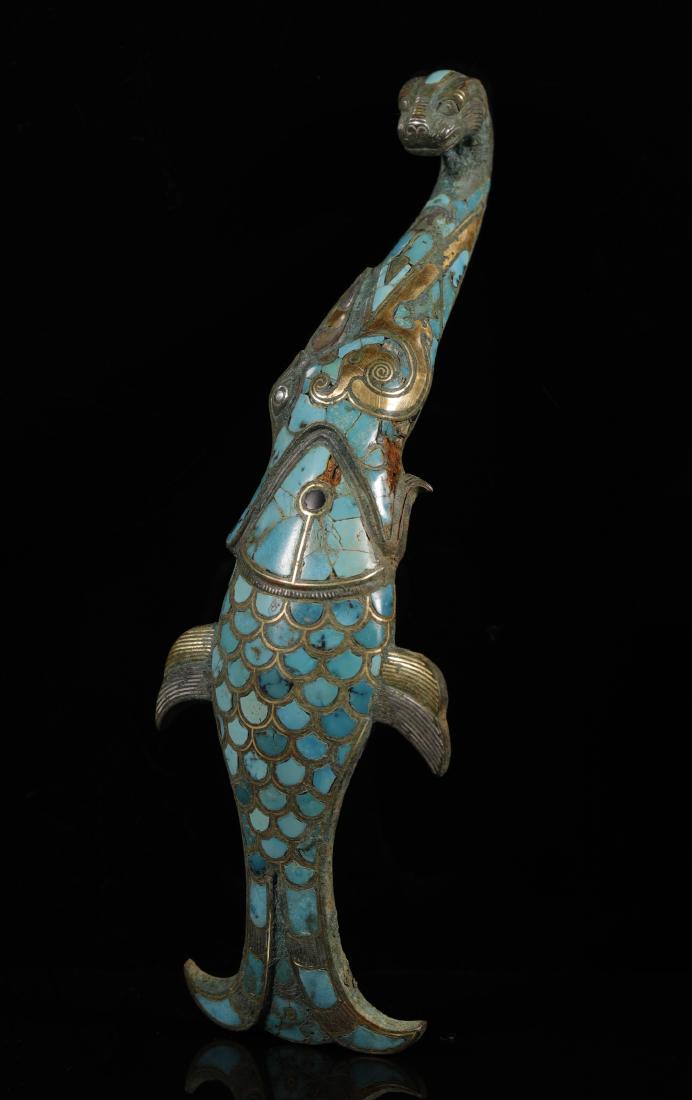 Gold-inlaid Silver with Turquoise Dragon eats Fish (1 of 8)