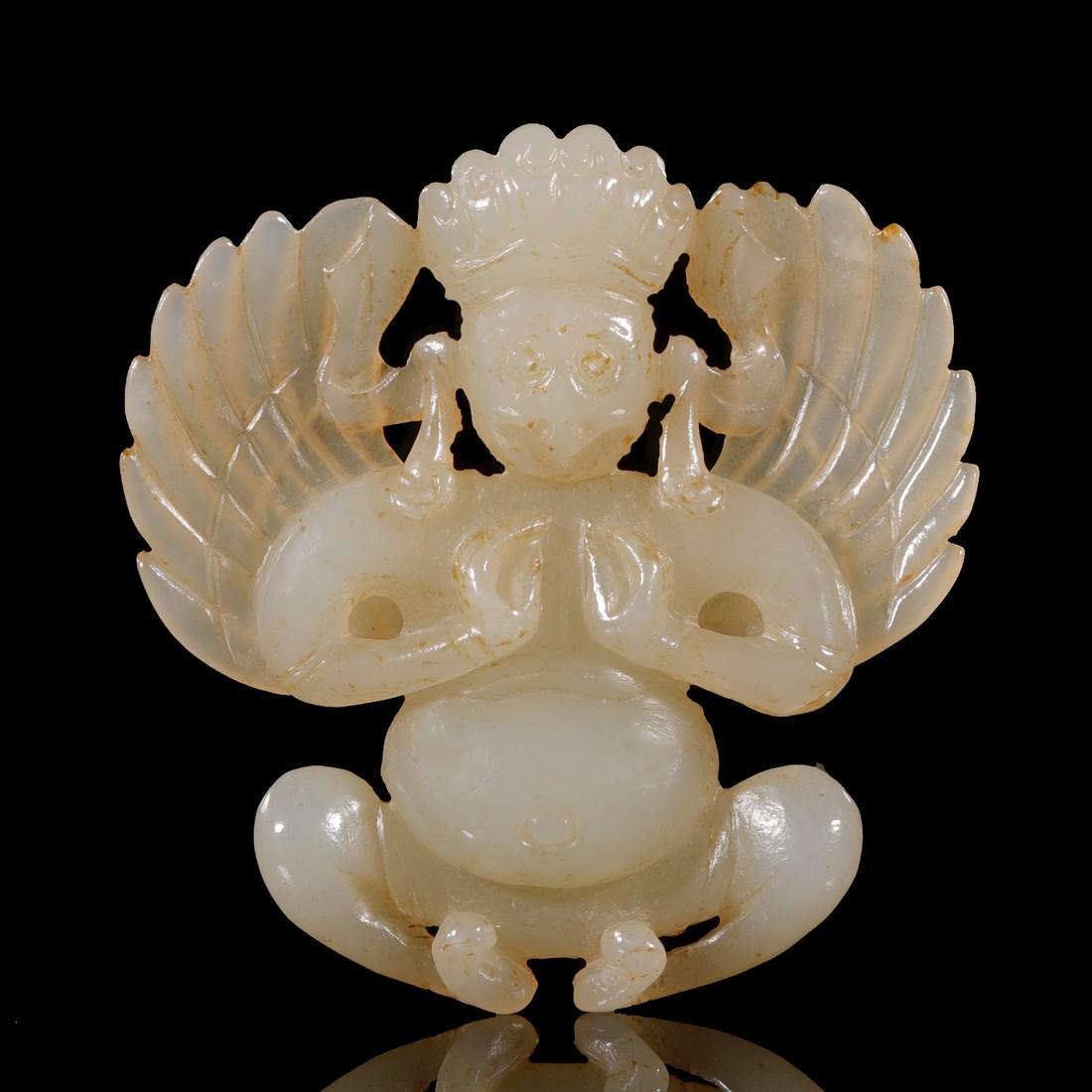 HeTian Jade in "Jia Ling Ping Jia" form from Liao: HeTian Jade in "Jia Ling Ping Jia" form from Liao Dynasty Dimensions: H: 1 3/4 in(4.6cm) W: 1 3/4 in(4.5cm) Weight: Wt:15.8g