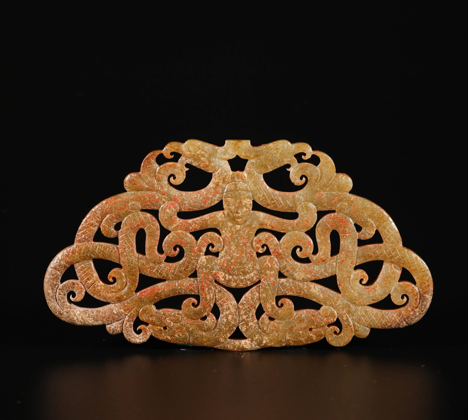 hetian jade dragon and phoenix shaped accessory from: hetian jade dragon and phoenix shaped accessory from Han 漢代和田玉龍紋佩 L13.3cm W7.3cm weight101g