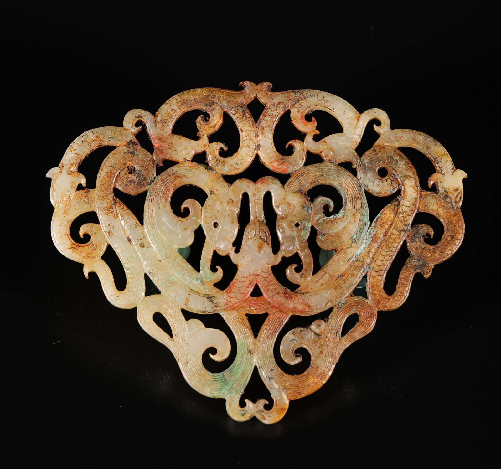 hetian jade dragon pattern accessory from Han 漢: hetian jade dragon pattern accessory from Han 漢代和田玉龍紋配飾 L10.3cm W8.3cm weight55g
