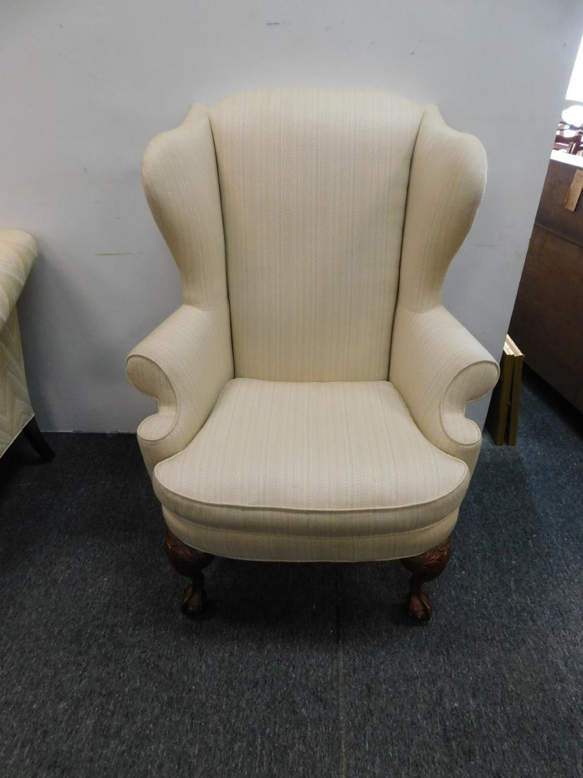 Highland House Wingback Chair Hickory NC: Highland House Traditional Wingback Chair, Carved Ball and Claw Foot, Carved Legs, Good condition with some wear to upholstry on the back corner 48" H x 36" W x 34" D