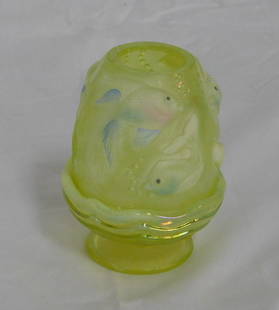 Fenton Vaseline Glass Fairy Lamp Atlantis Pattern: Fenton Vaseline Glass Fairy Lamp Atlantis Pattern. Hand Painted and Signed by the Artist. Original Label and Oval Fenton Mark on Both Pieces. 4.75" Tall in good condition.
