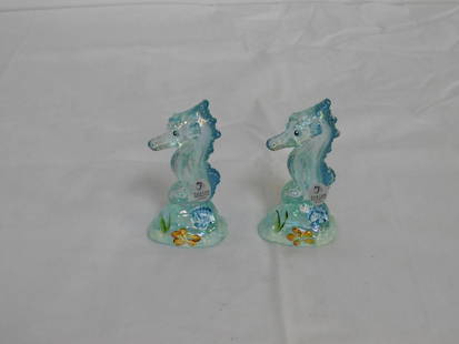 Fenton Pair Aquamarine Iridescent Seahorses: Fenton Pair of Hand Painted Aquamarine Iridescent Seahorses. Original Label, Oval Fenton Mark, Artist Signed. 4" tall in good condition.