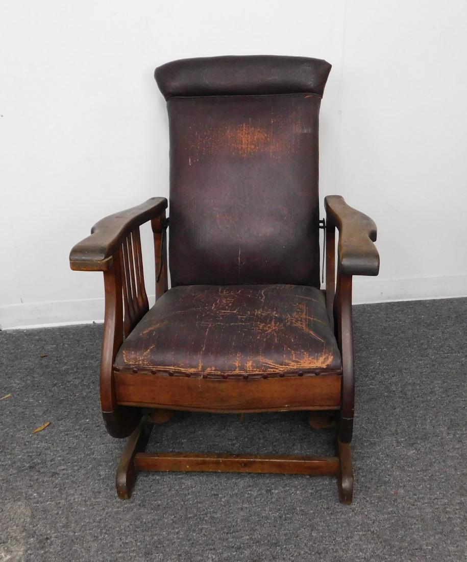 Antique Walnut Morris Rocking Reclining Chair: Antique Walnut Morris Rocking Reclining Chair 38"H x 27"W in good condition with some wear to the leather.