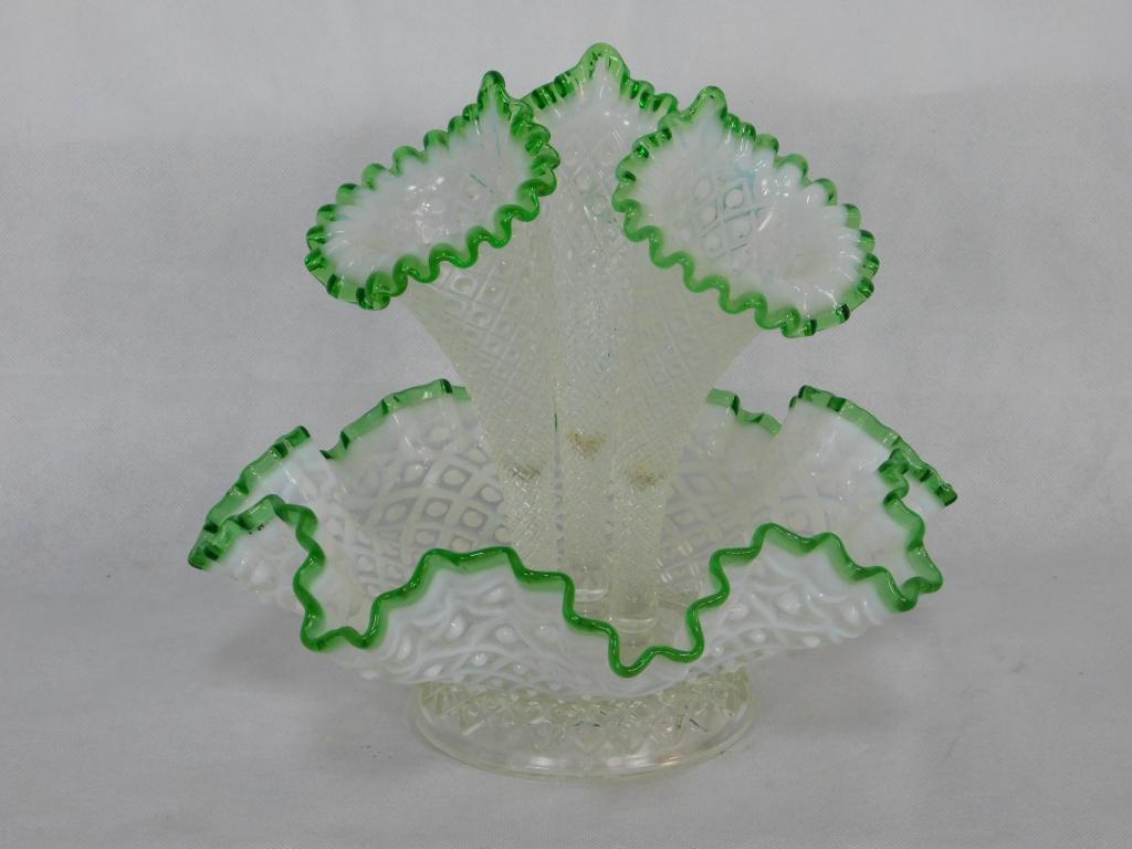Fenton Emerald Crest Epergne: Fenton Opalescent Emerald Crest Diamond Optic Epergne, Bowl 12'', Horns 9'', Great Overall Condition, with some small chips around holes where horns sit in.