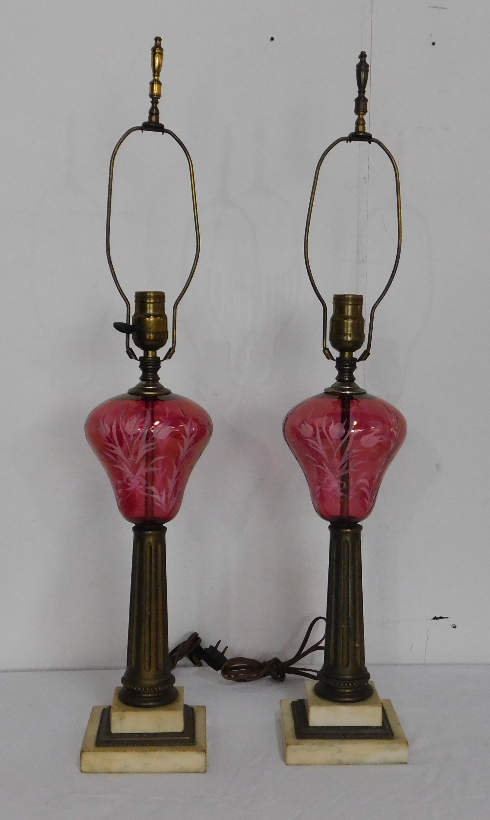 Pair of Antique Cranberry Lamps with Marble Base: Pair of Antique Cranberry Lamps with Marble Base and Brass Column, good working condition, Etched in cranberry glass, 29''H including harp