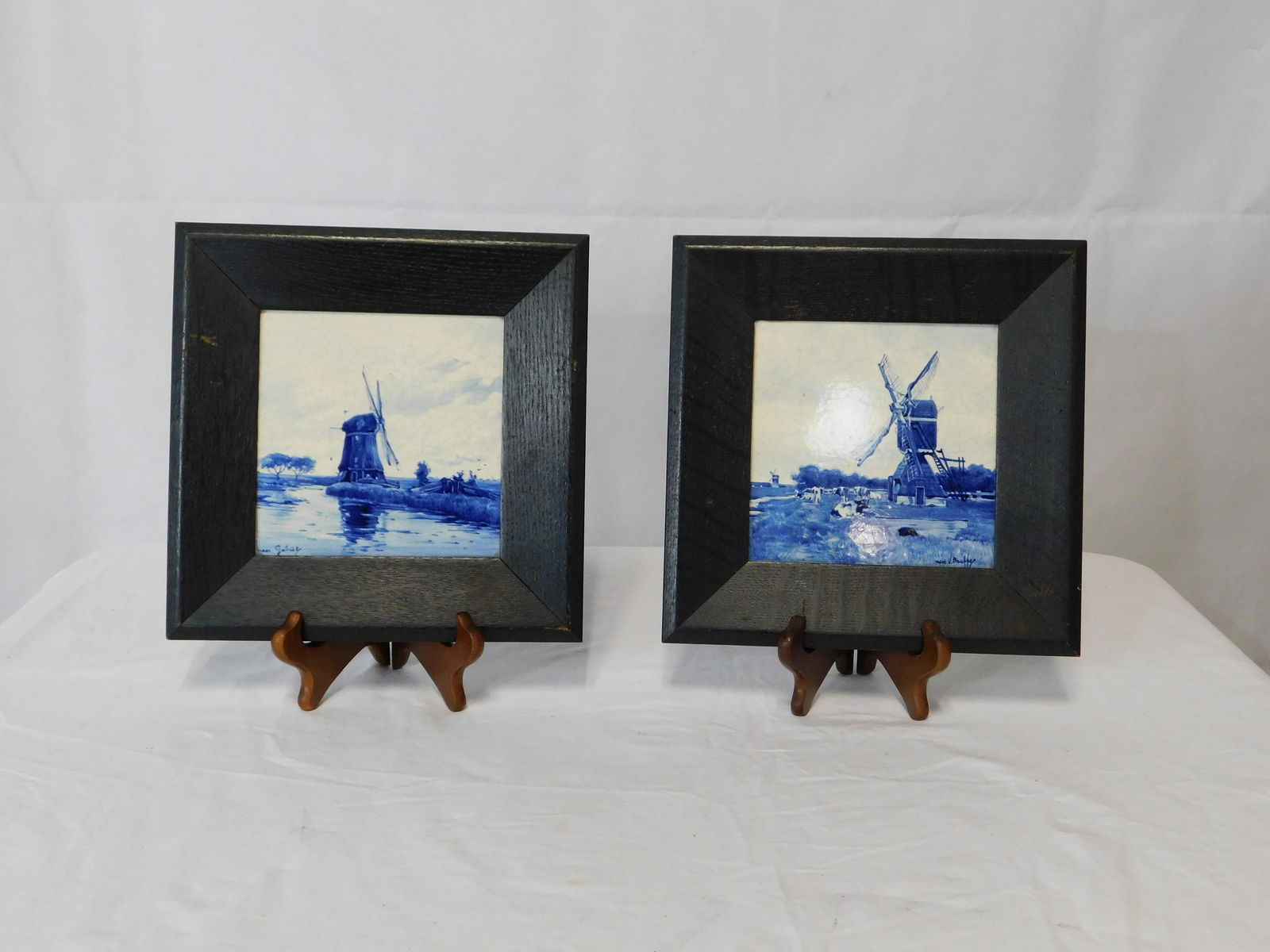 Pair Antique Delft Windmill Tiles in Oak Frames (1 of 9)